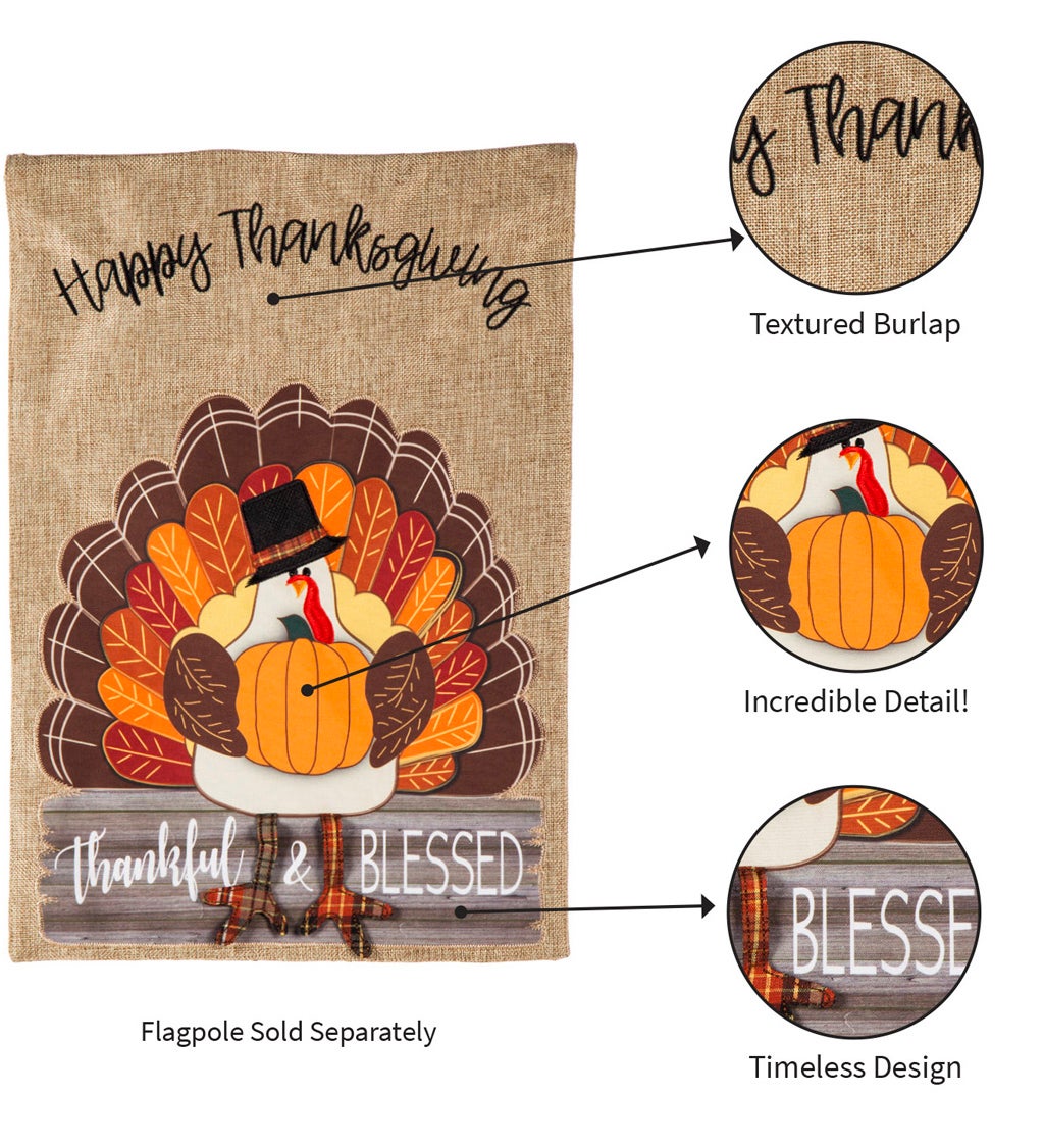 Thankful and Blessed Turkey Burlap House Flag