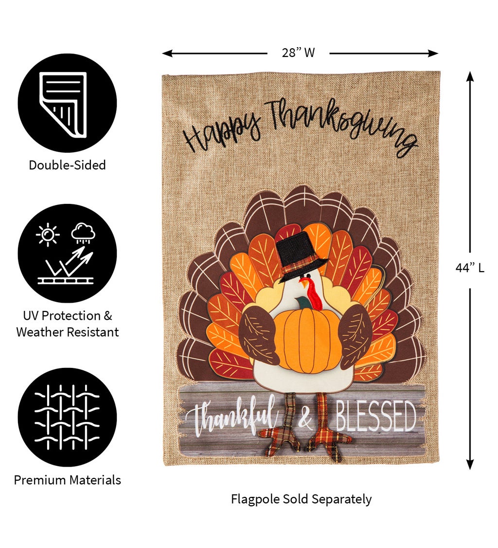 Thankful and Blessed Turkey Burlap House Flag