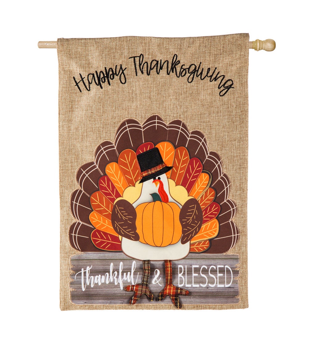 Thankful and Blessed Turkey Burlap House Flag