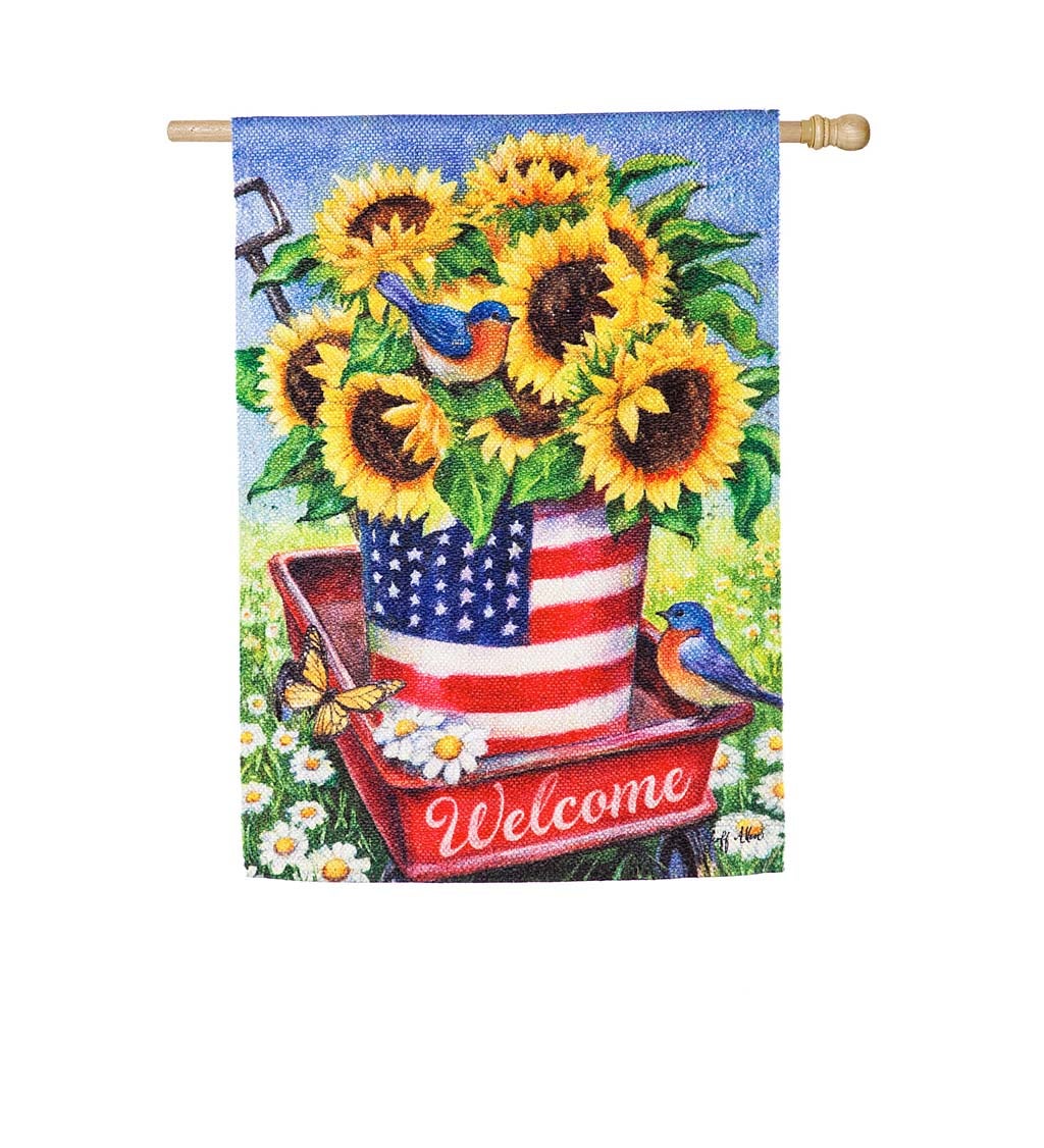 Patriotic Sunflower Wagon House Textured Suede Flag