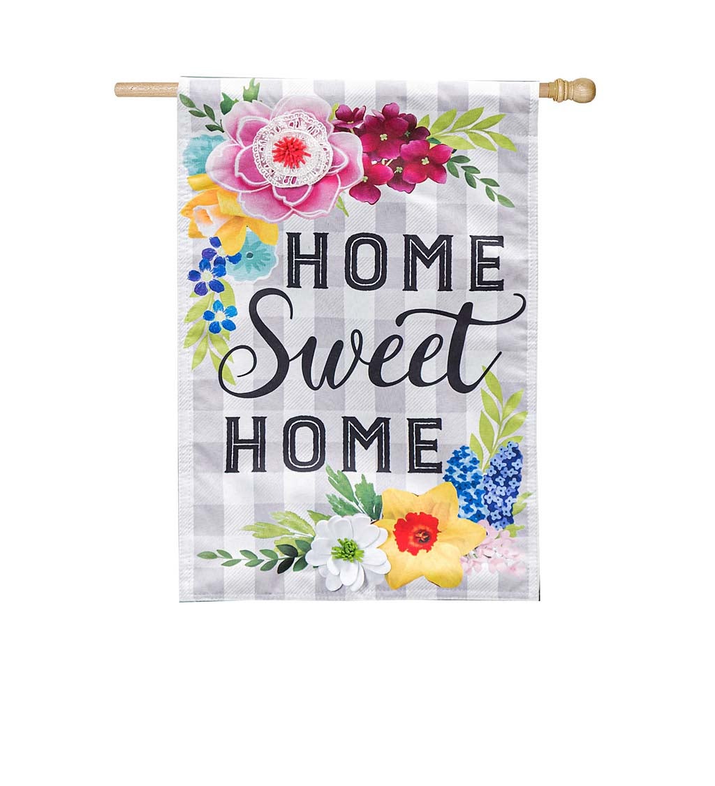 Home Sweet Home Plaid Floral House Linen Flag