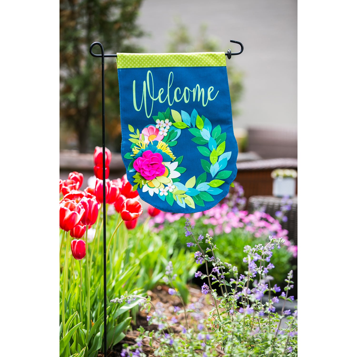 Welcome Floral Wreath Burlap Garden Flag