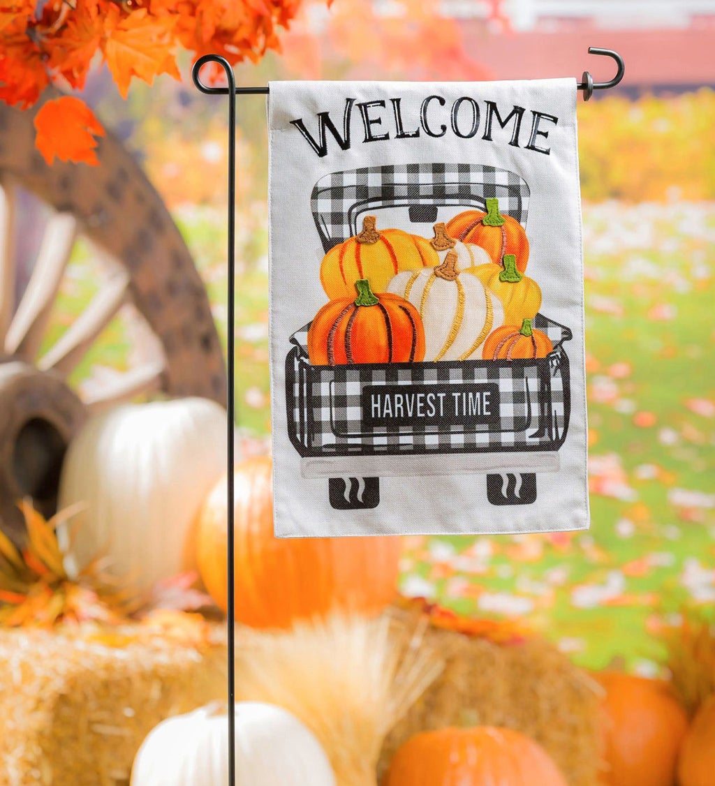 Pumpkin Plaid Truck Garden Burlap Flag