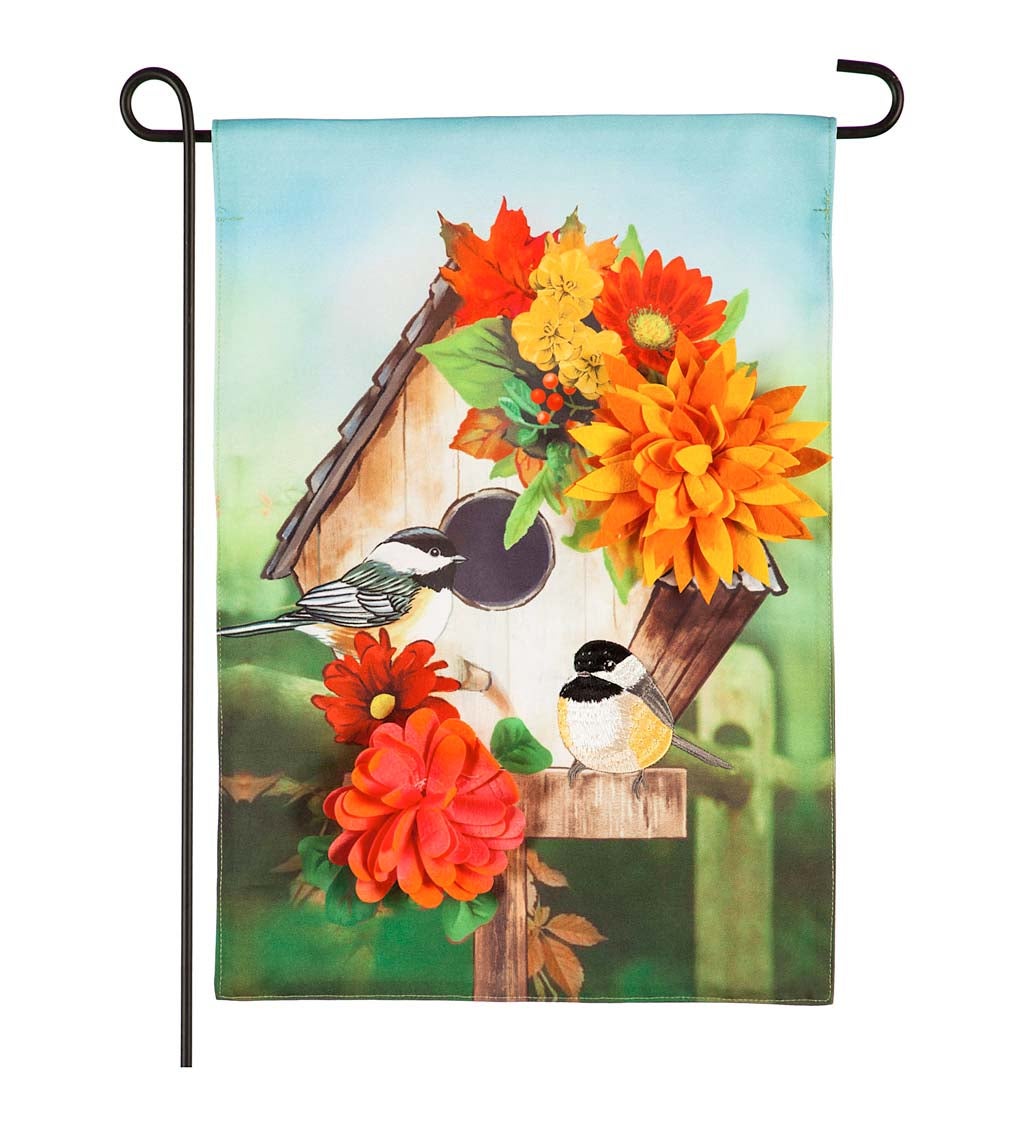 Chickadee Floral Birdhouse Garden Linen Flag