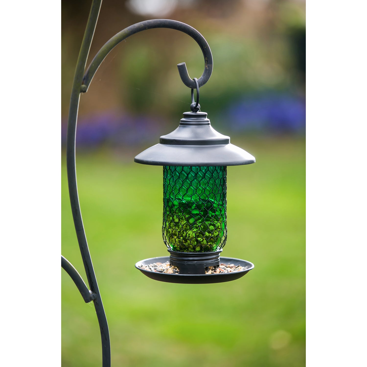 Green Glass and Metal Bird Feeder