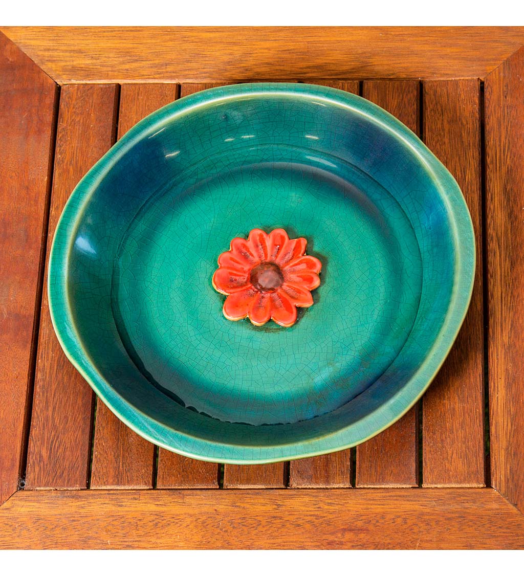 Blue with Red Flower Ceramic Bee Bath