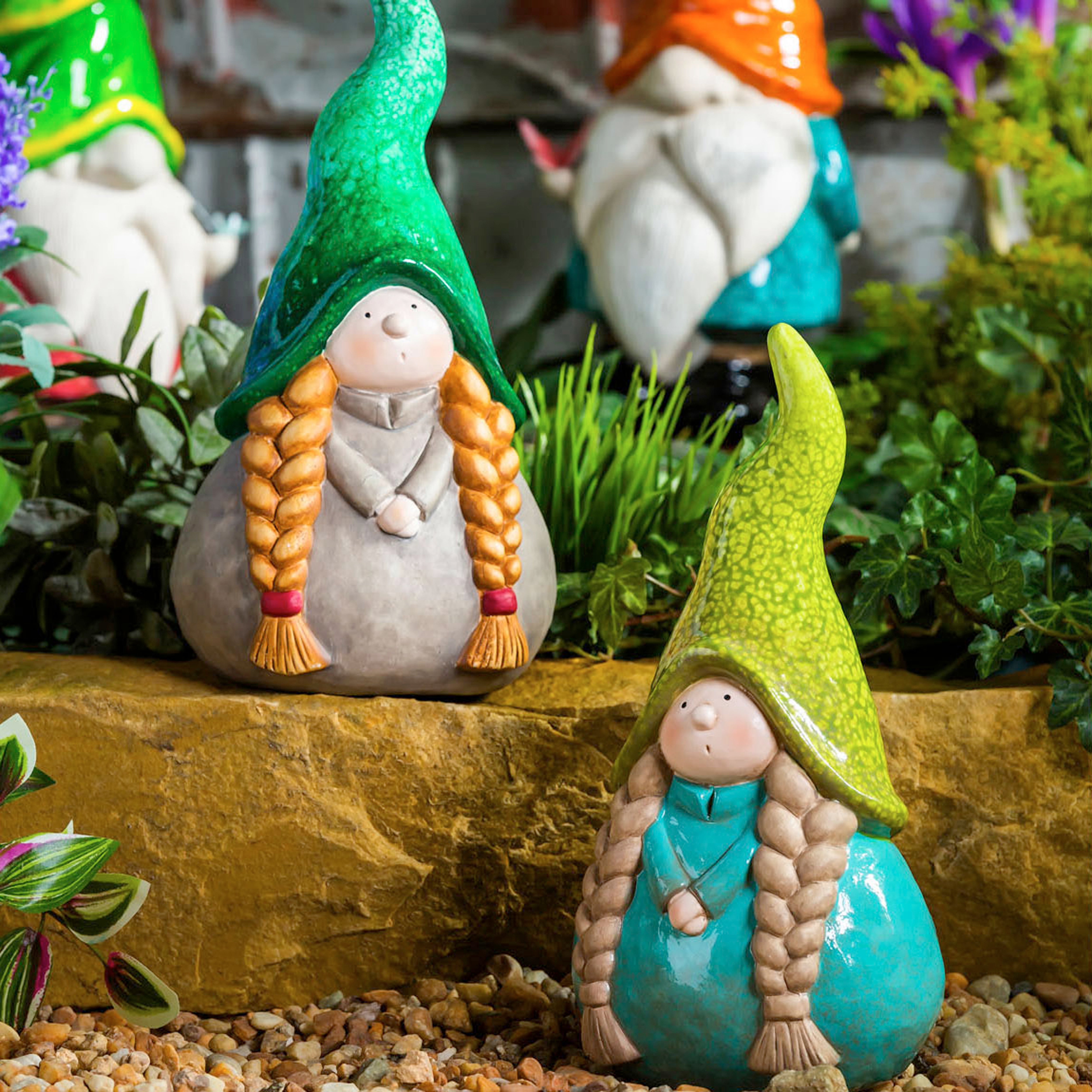 Teal Ceramic Lady Gnome Garden Statuary