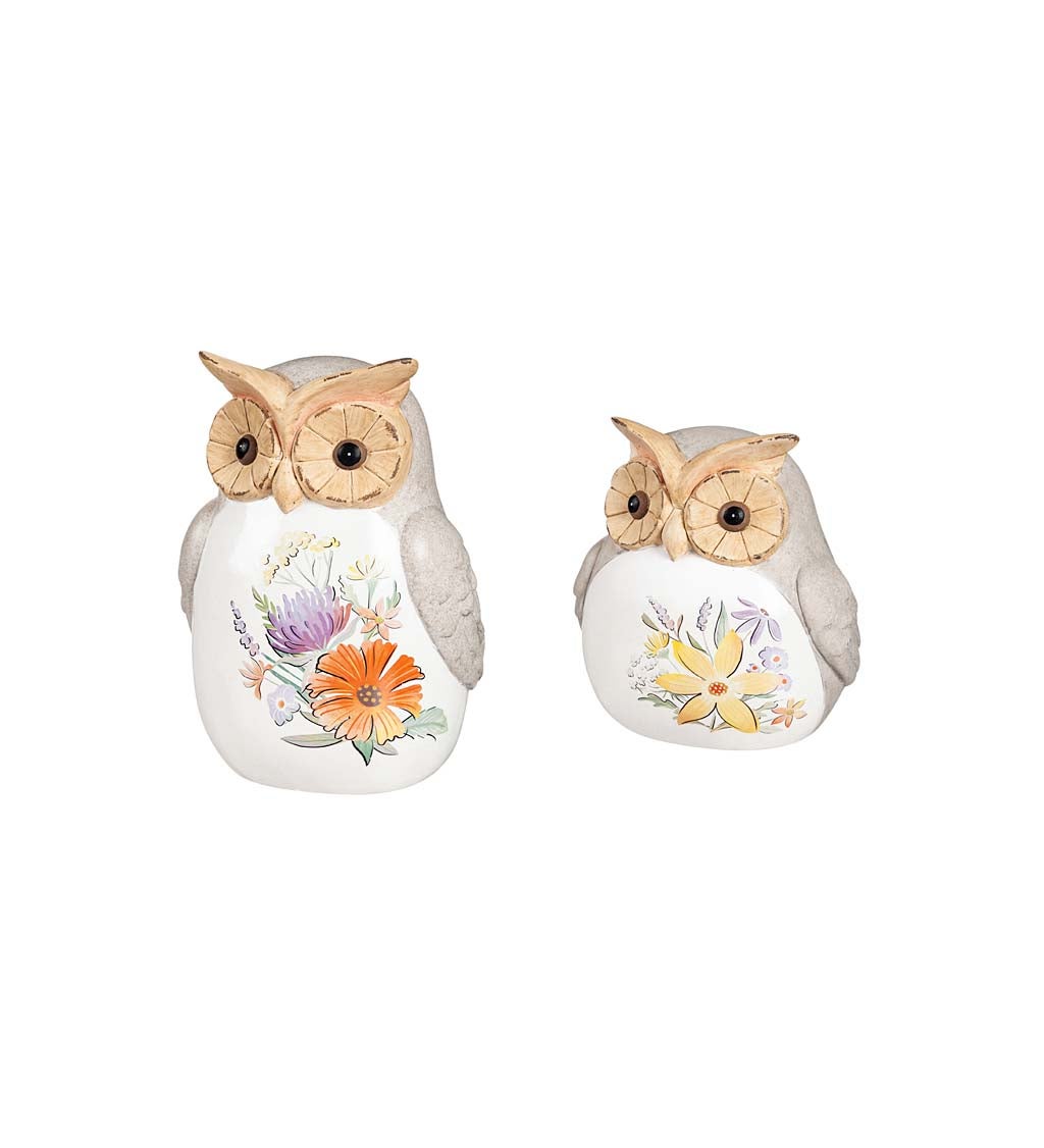 Ceramic Wildflower Owl Garden Statuary, Set of 2