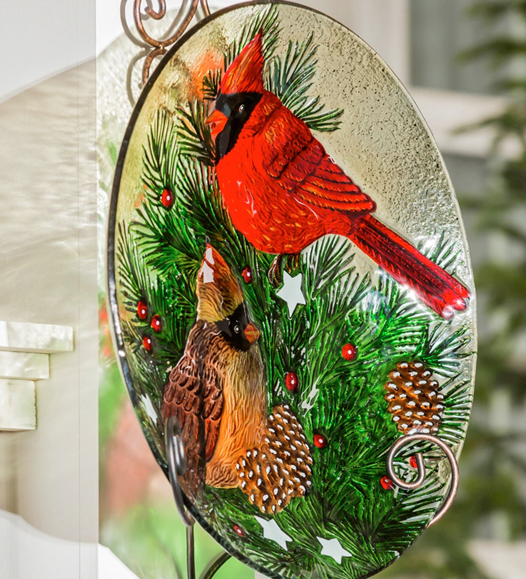 Cardinals and Winter Spruce Hand Painted Embossed Glass Bird Bath