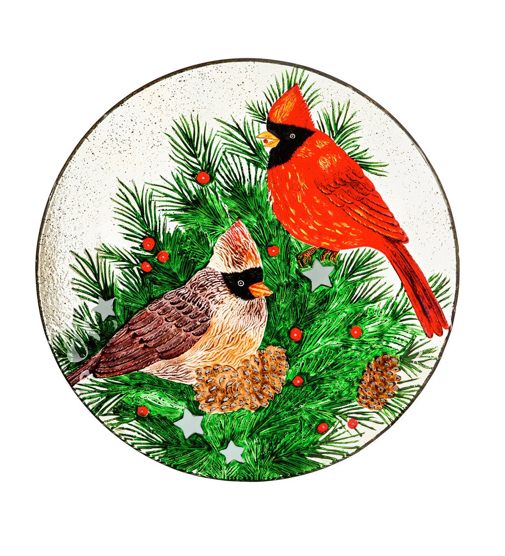 Cardinals and Winter Spruce Hand Painted Embossed Glass Bird Bath