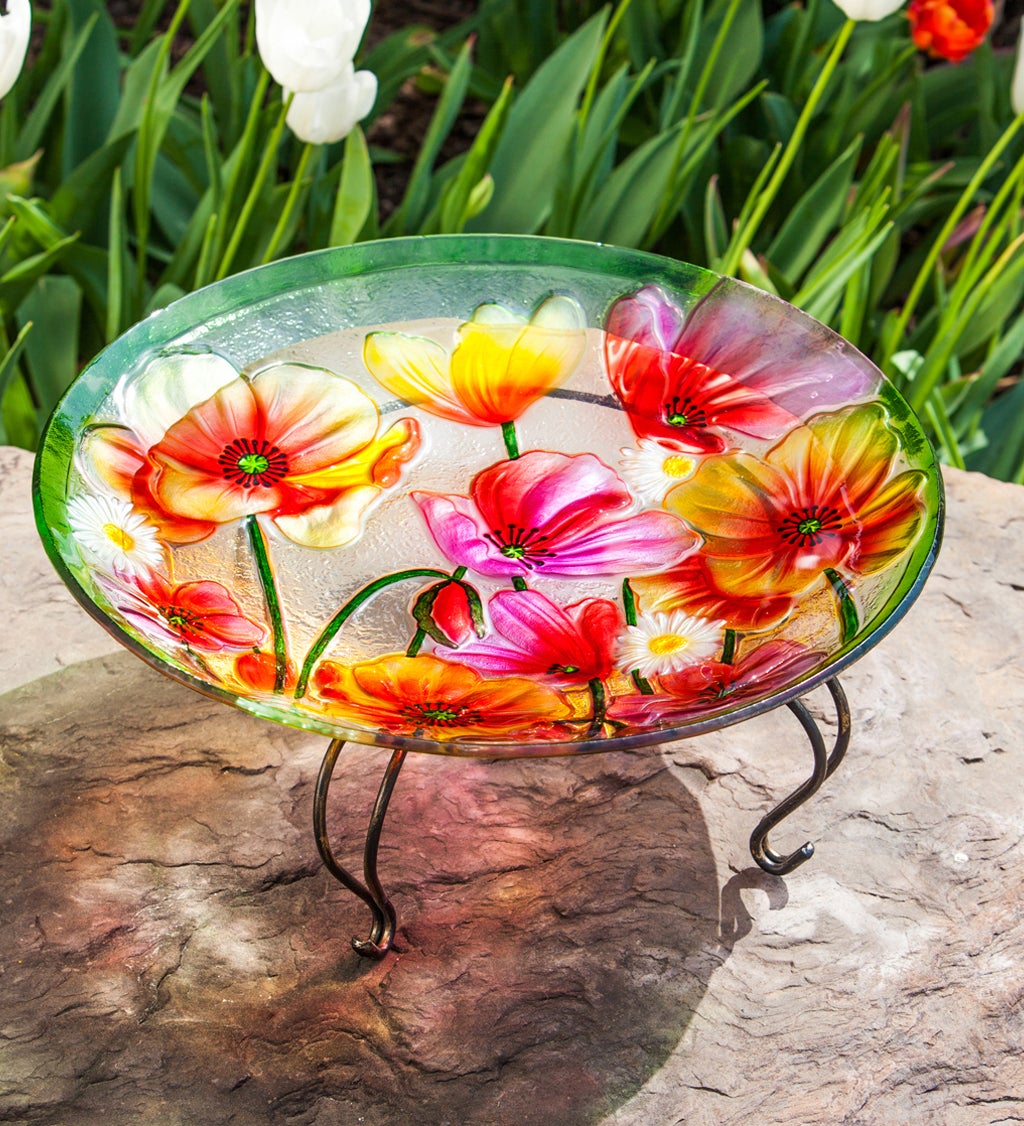 Poppies 18" Glass Birdbath