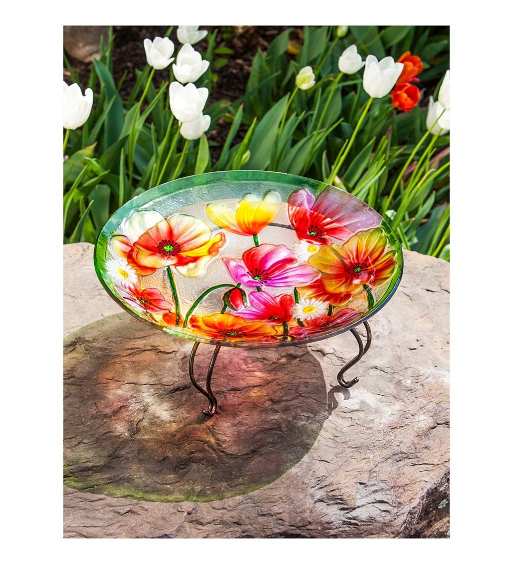 Poppies Glass Bird Bath Bowl