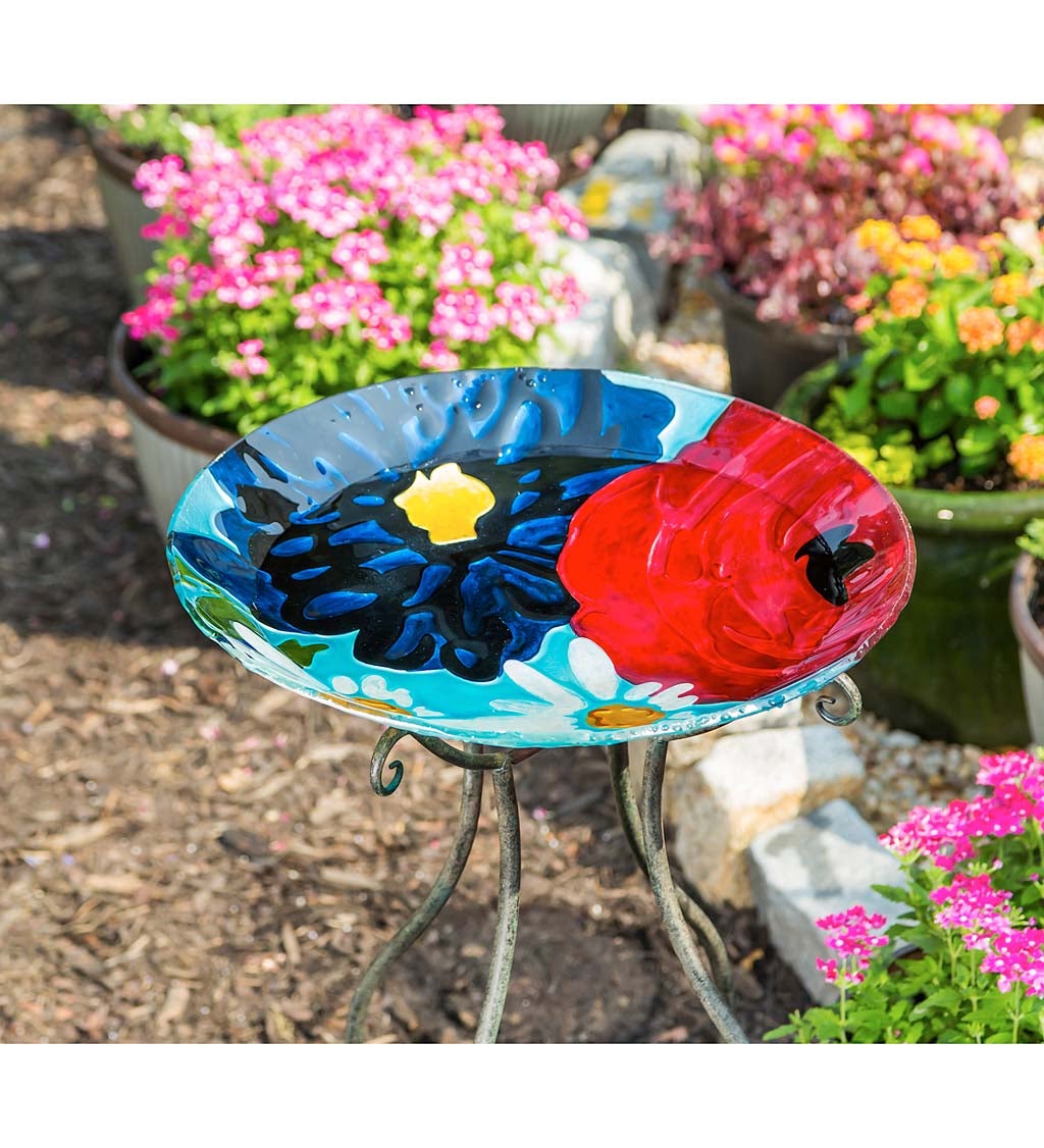 18" Hand Painted Embossed Glass Bird Bath, Red/White/Blue Florals