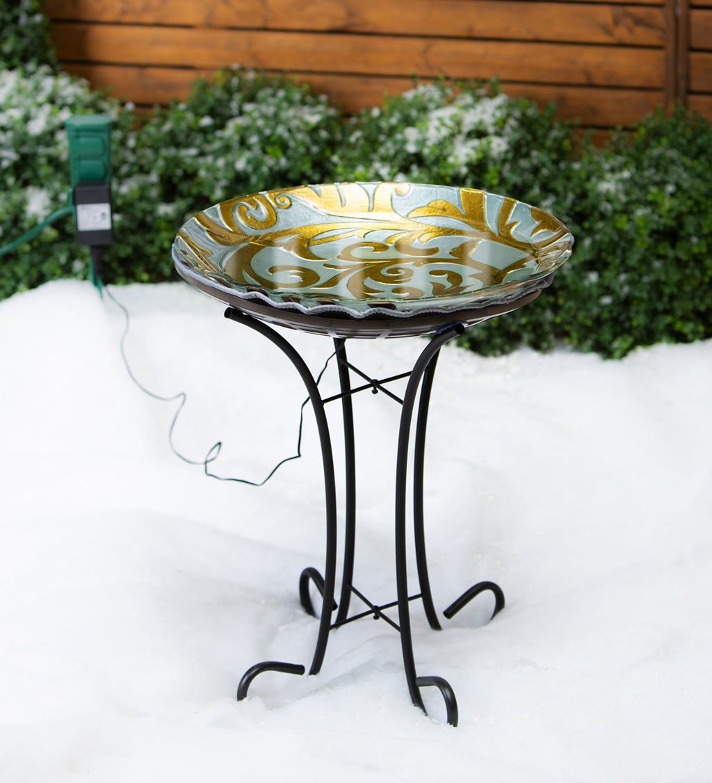 18" Hand Painted Glass Birdbath with Heater and Stand