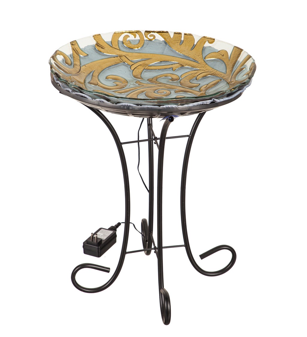 18" Hand Painted Glass Birdbath with Heater and Stand