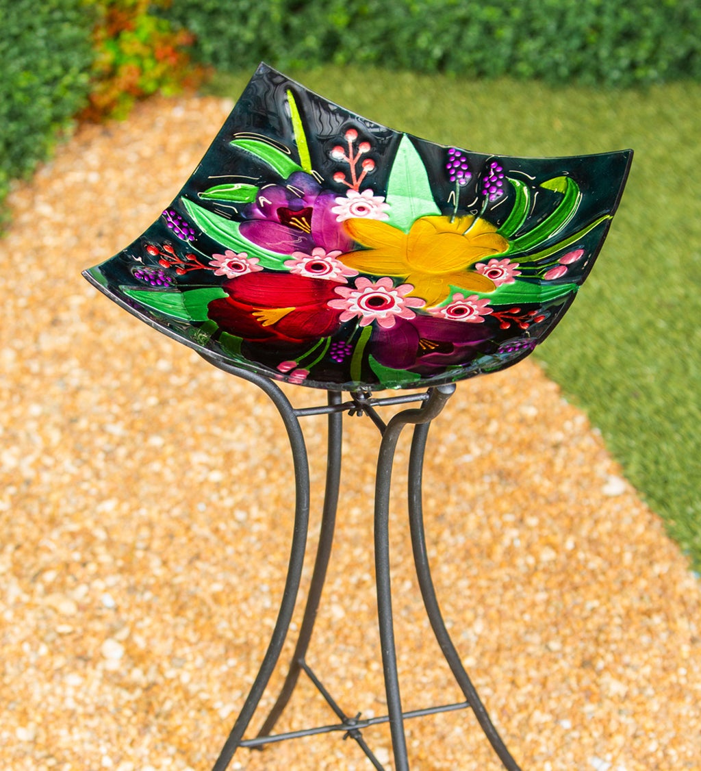 16.5" Hand Painted Embossed Square Glass Birdbath, Floral Bouquet