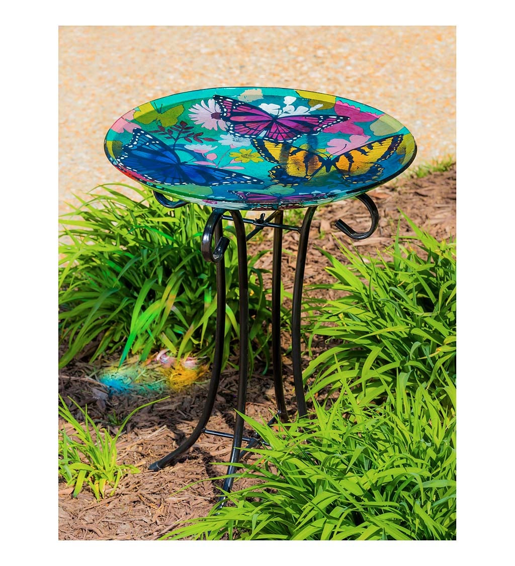 16" Glass Birdbath w/ Stand, Bountiful Butterfly