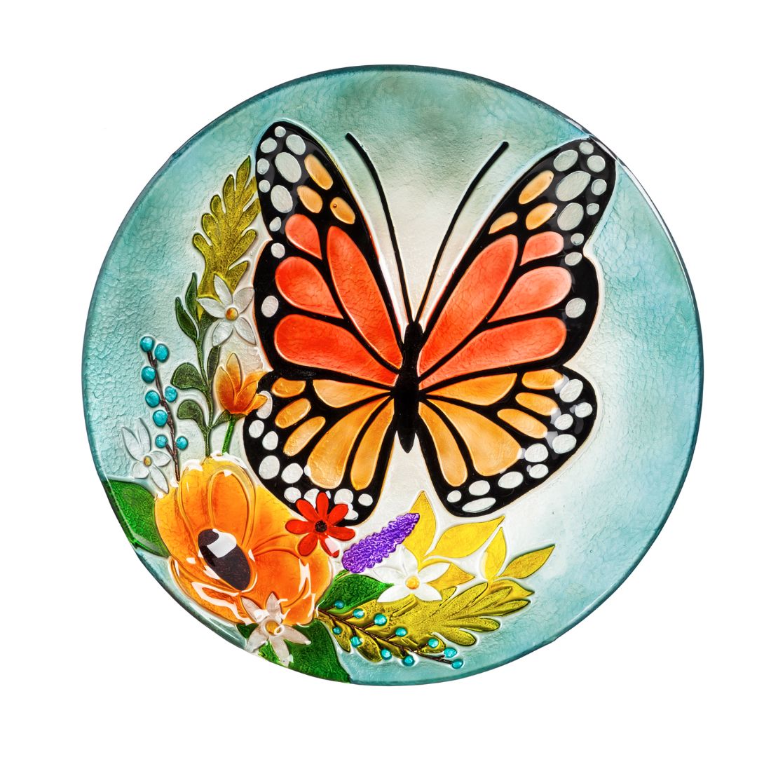 18" Hand Painted Embossed Glass Bird Bath, Florals and Monarch Butterfly