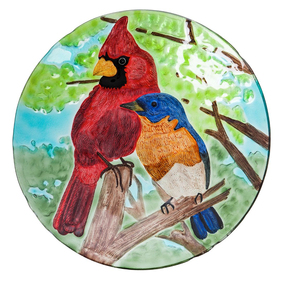 18"Hand Painted Embossed Glass Bird Bath, Cardinal and Blue Bird