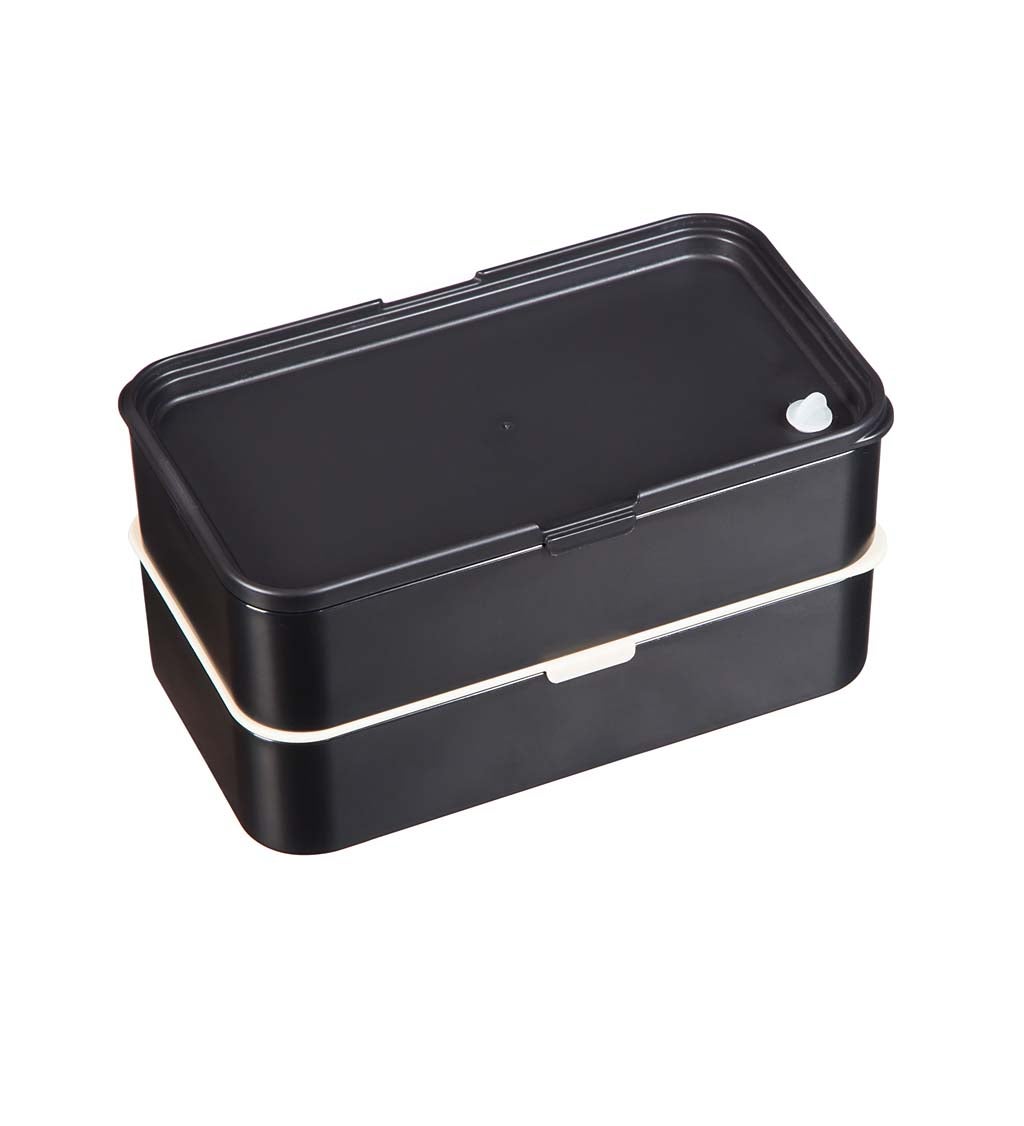Black Two-Layer Divided Lunch Box with Utensils