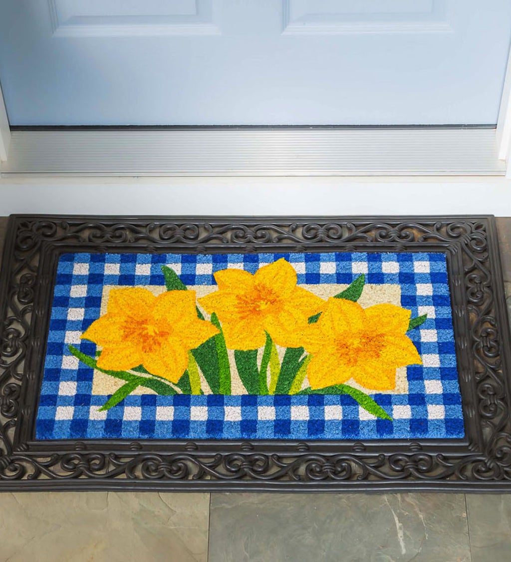 Buffalo Check Daffodils Decorative Coir Mat, 16" x 28"