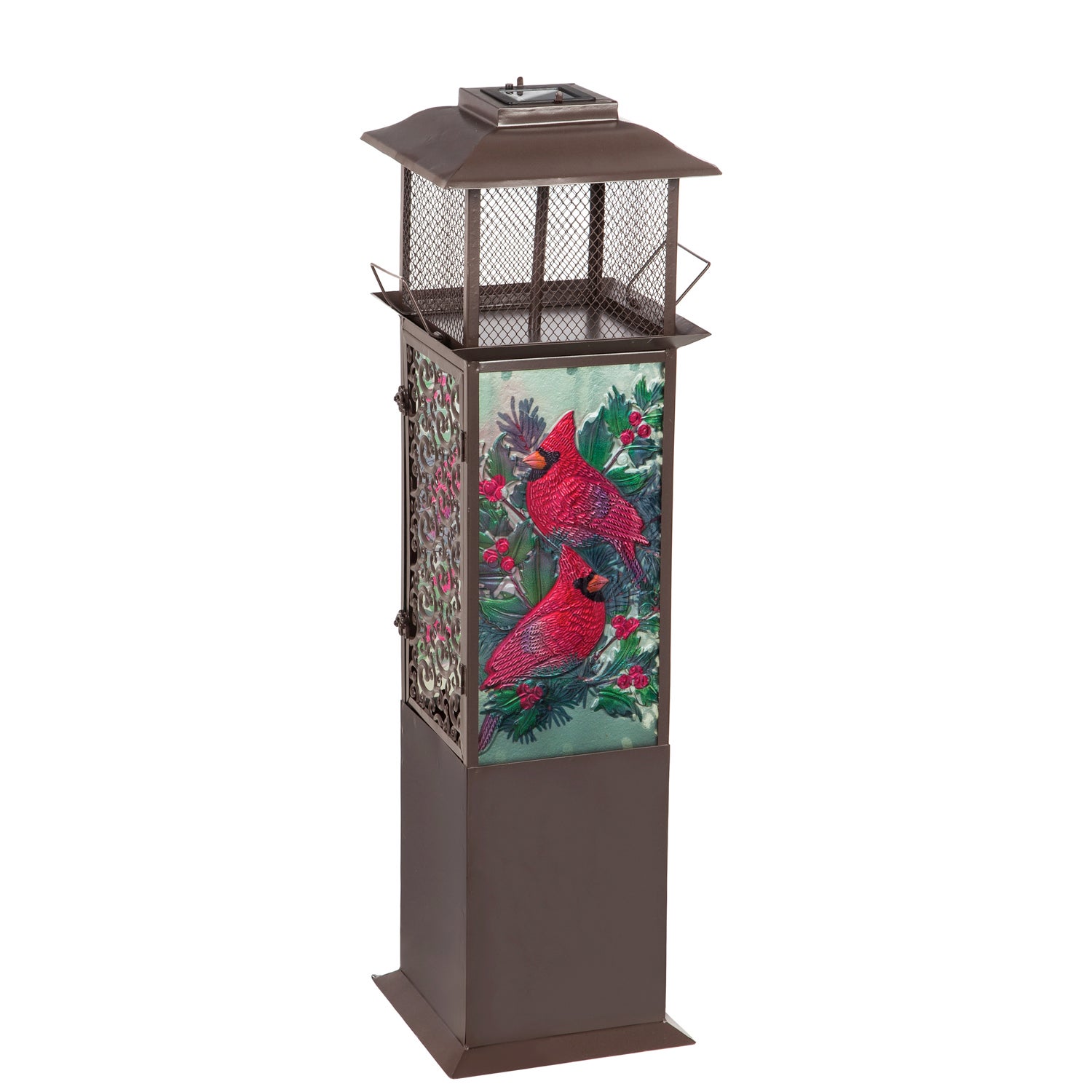 Cardinals with Spruce and Berries Solar Glass Panel Statement Lantern