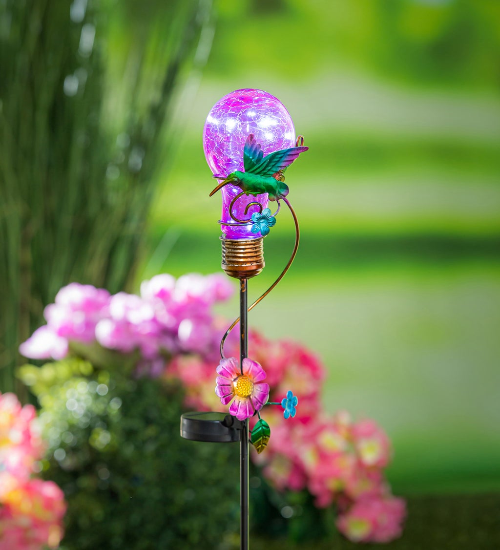 28"H Solar Twinkling Light Garden Stake, Purple Cracked Glass Bulb