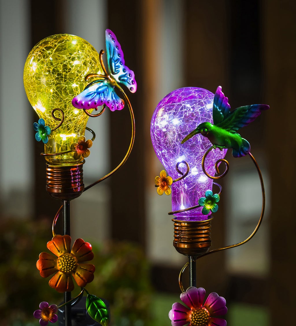 28"H Solar Twinkling Light Garden Stake, Purple Cracked Glass Bulb
