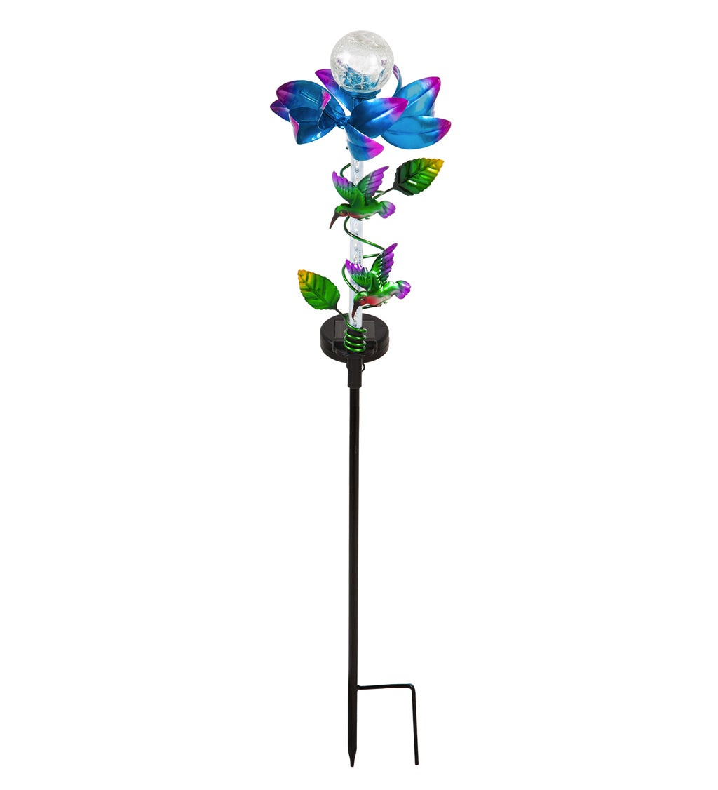 32"H Solar Light Movement Cracked Glass Globe Spinning Floral Garden Stake, Blue