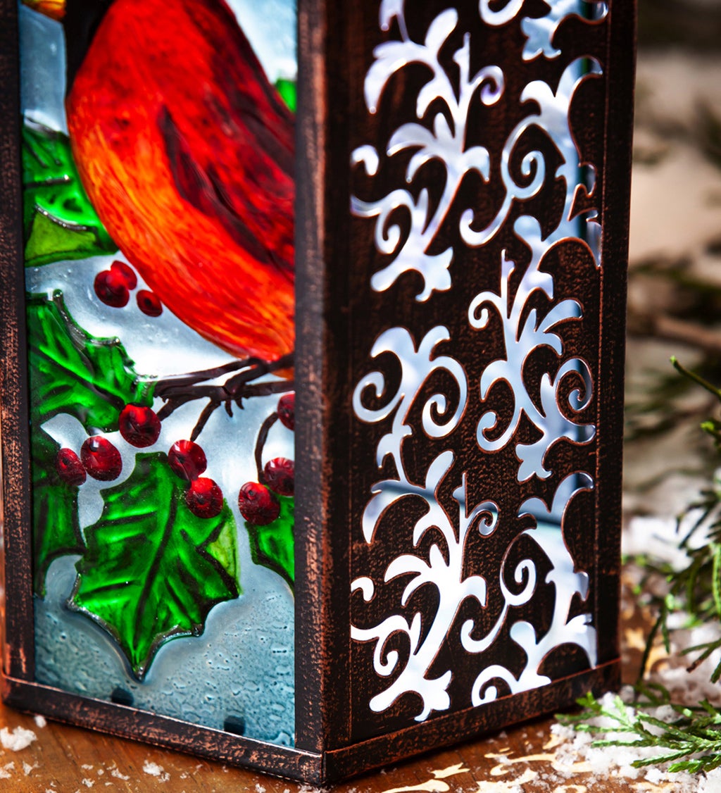 Hand Painted Embossed Glass and Metal Solar Lantern, Holiday Cardinal