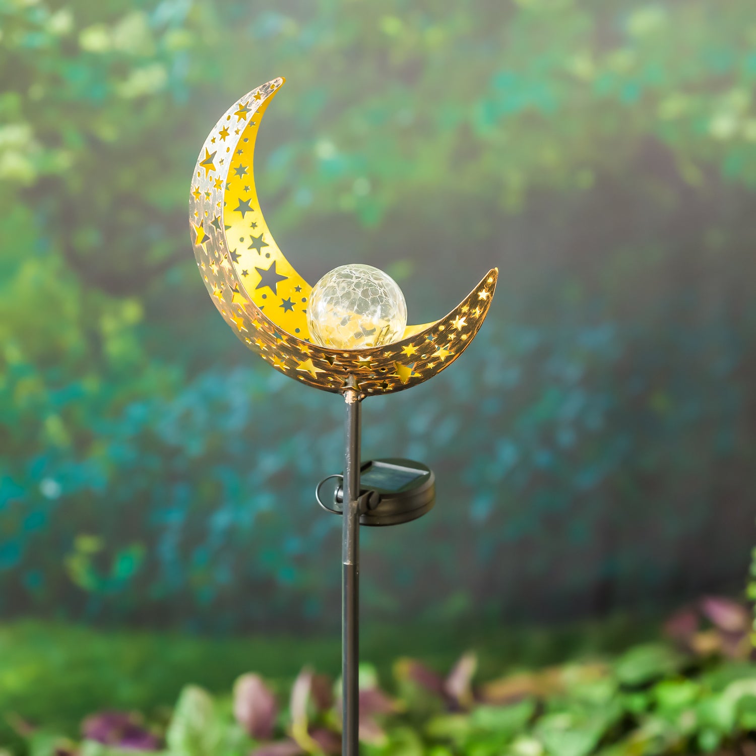 Solar Garden Stake w Crackle Glass Globe, Moon