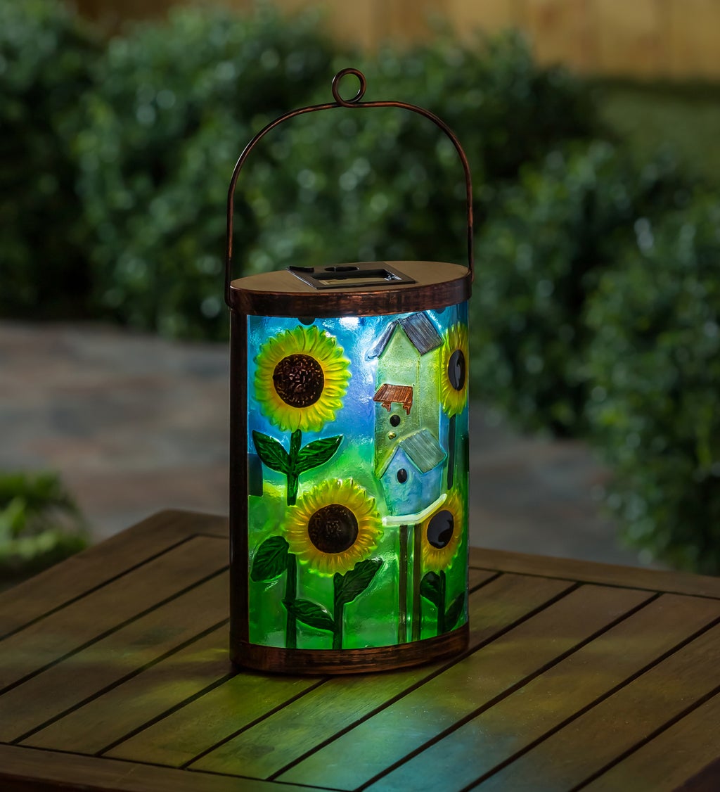 Handpainted Solar Glass Lantern, Cottage Bird House