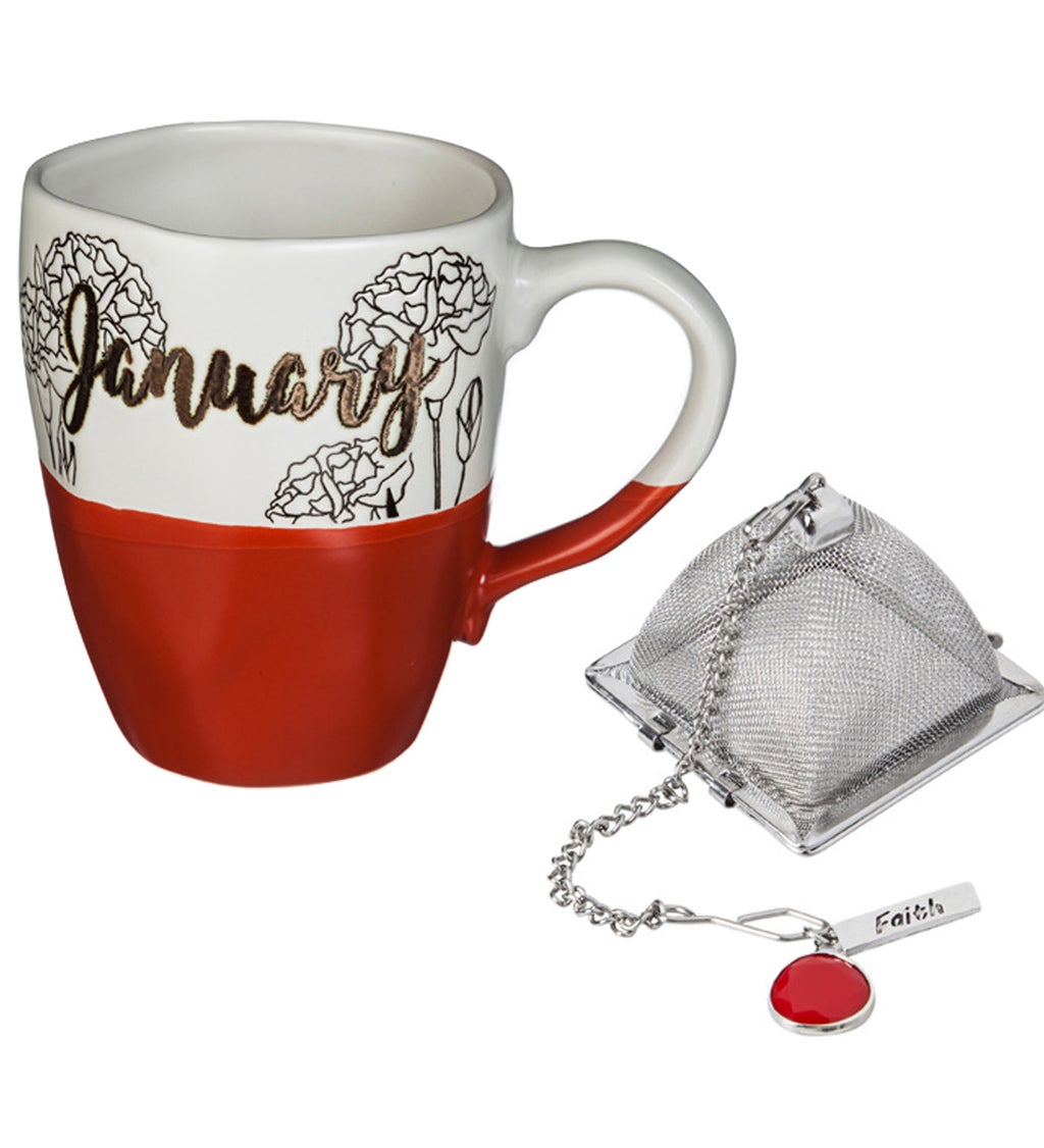 Ceramic Birthday Cup w/metallic accent, Tea Charm, and box, 16 oz., January
