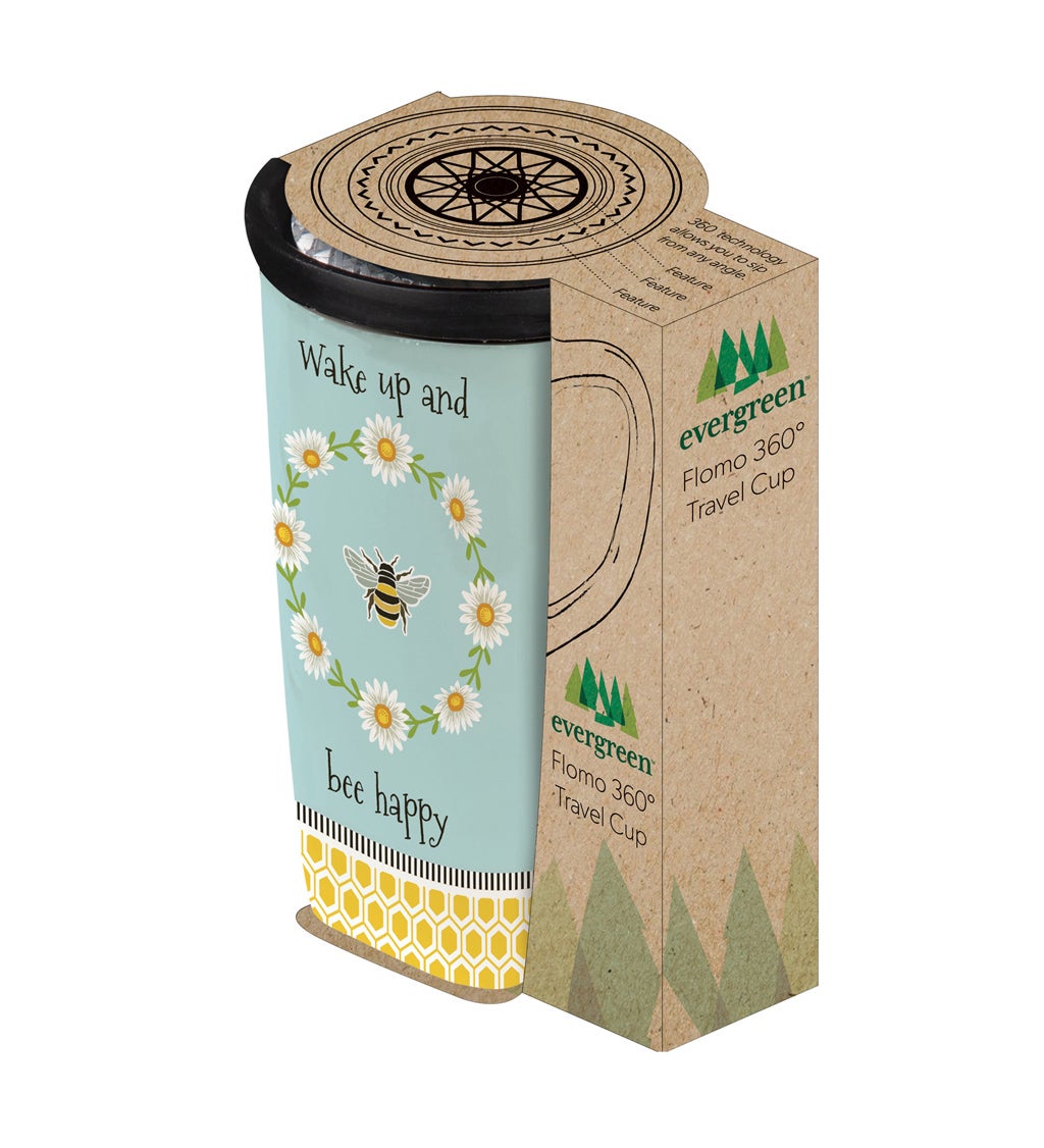 Ceramic FLOMO 360 Travel Cup, 17 oz, Wake Up and Bee Happy