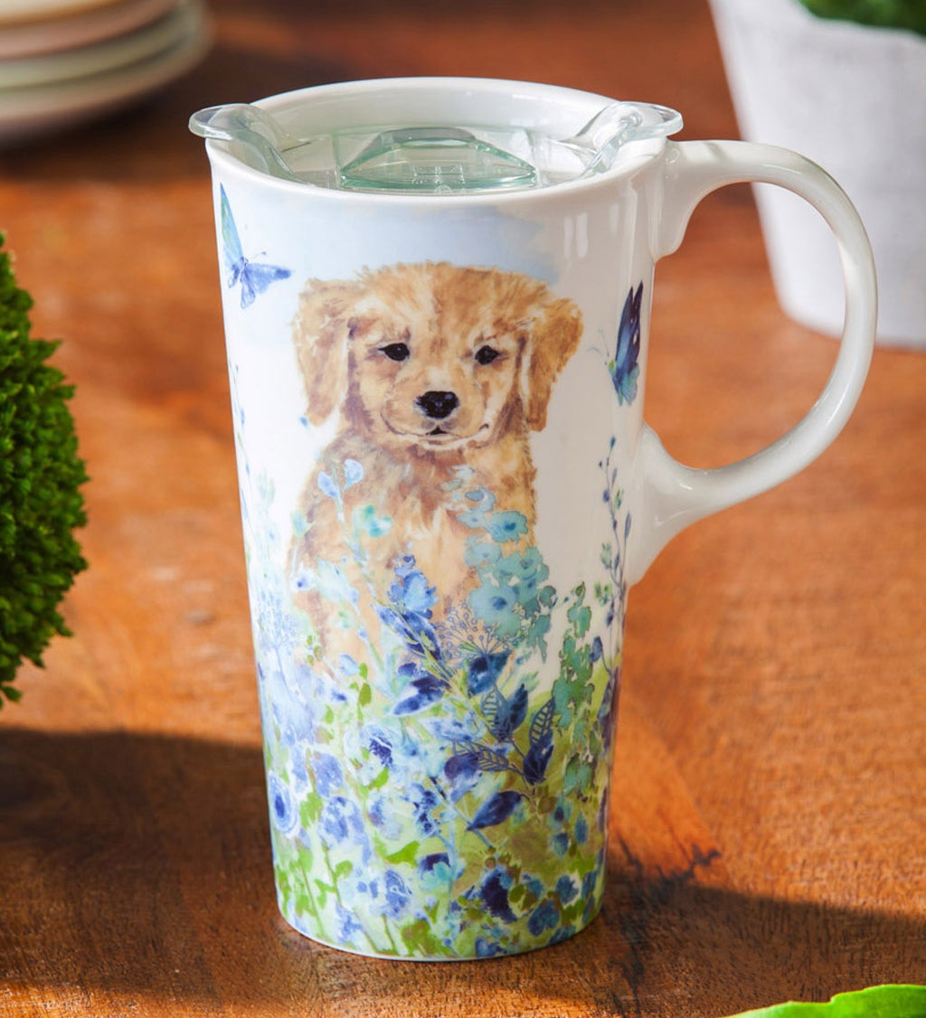 Puppies in the Meadow 17 oz Ceramic Travel Cup with box and Tritan Lid