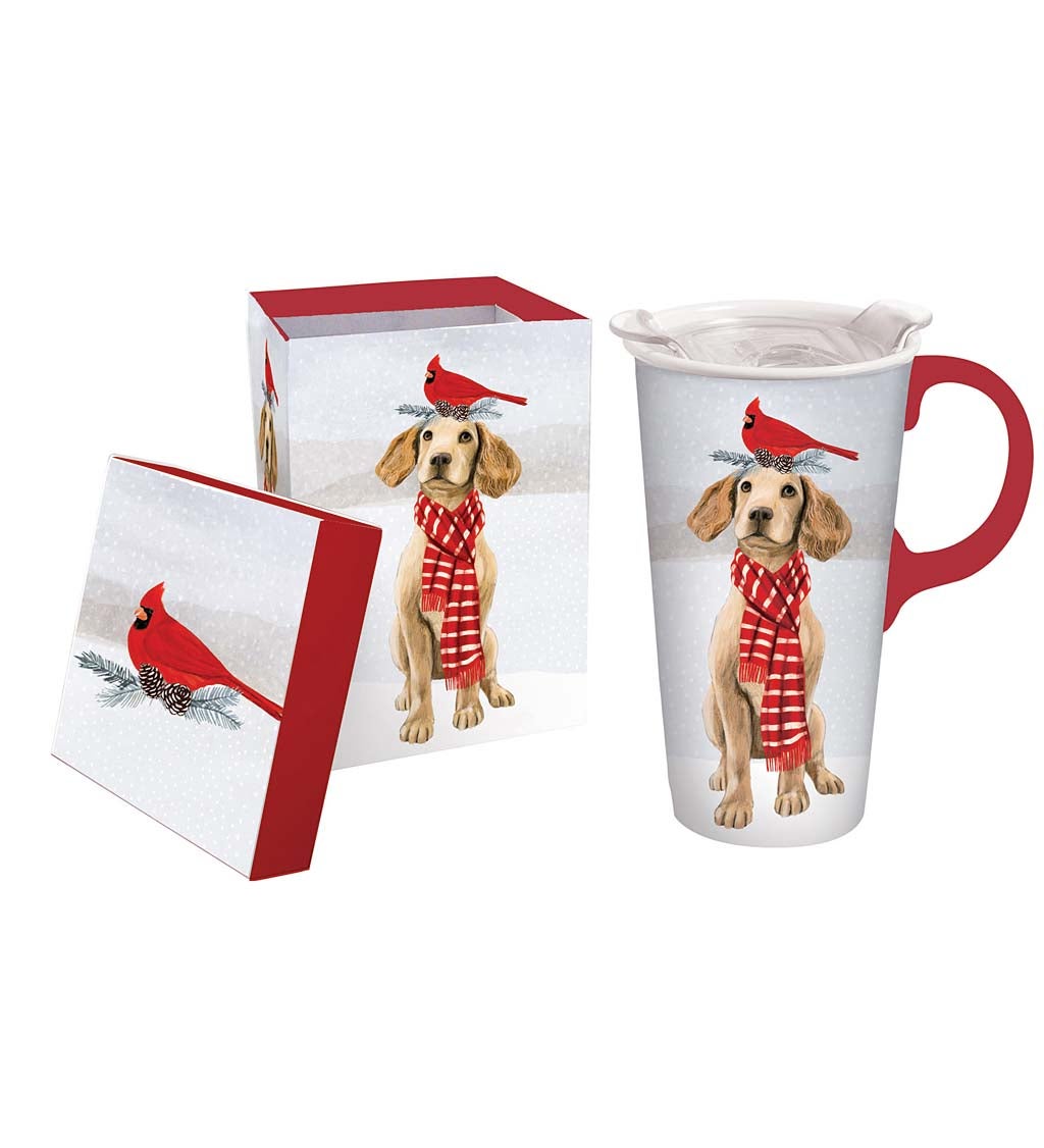 Ceramic Travel Cup, 17 oz., w/box and Tritan Lid, Christmas Dog