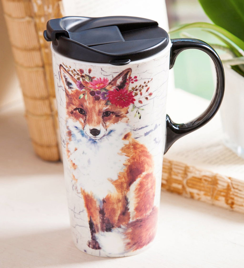 17 oz Fox with Head-dress Ceramic Travel Cup with box