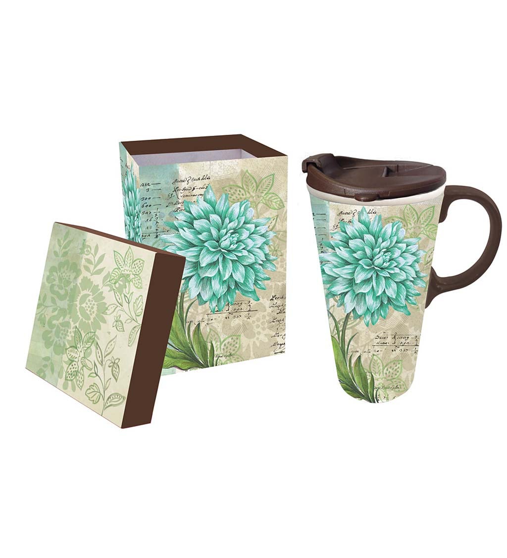 Ceramic Turquoise Dahlia Travel Mug