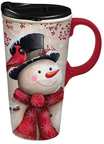 Snowman and Cardinal Ceramic Travel Cup