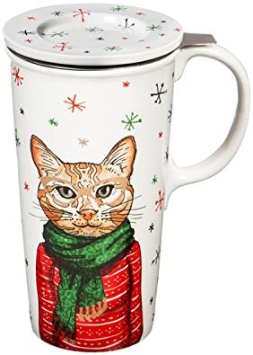 Holiday Cat Metallic Double-Wall Ceramic Cup with Infuser and Lid