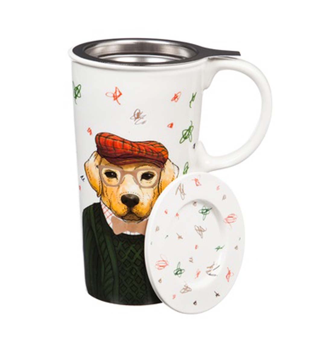 Holiday Dog Metallic Double-Wall Ceramic Cup with Infuser and Lid