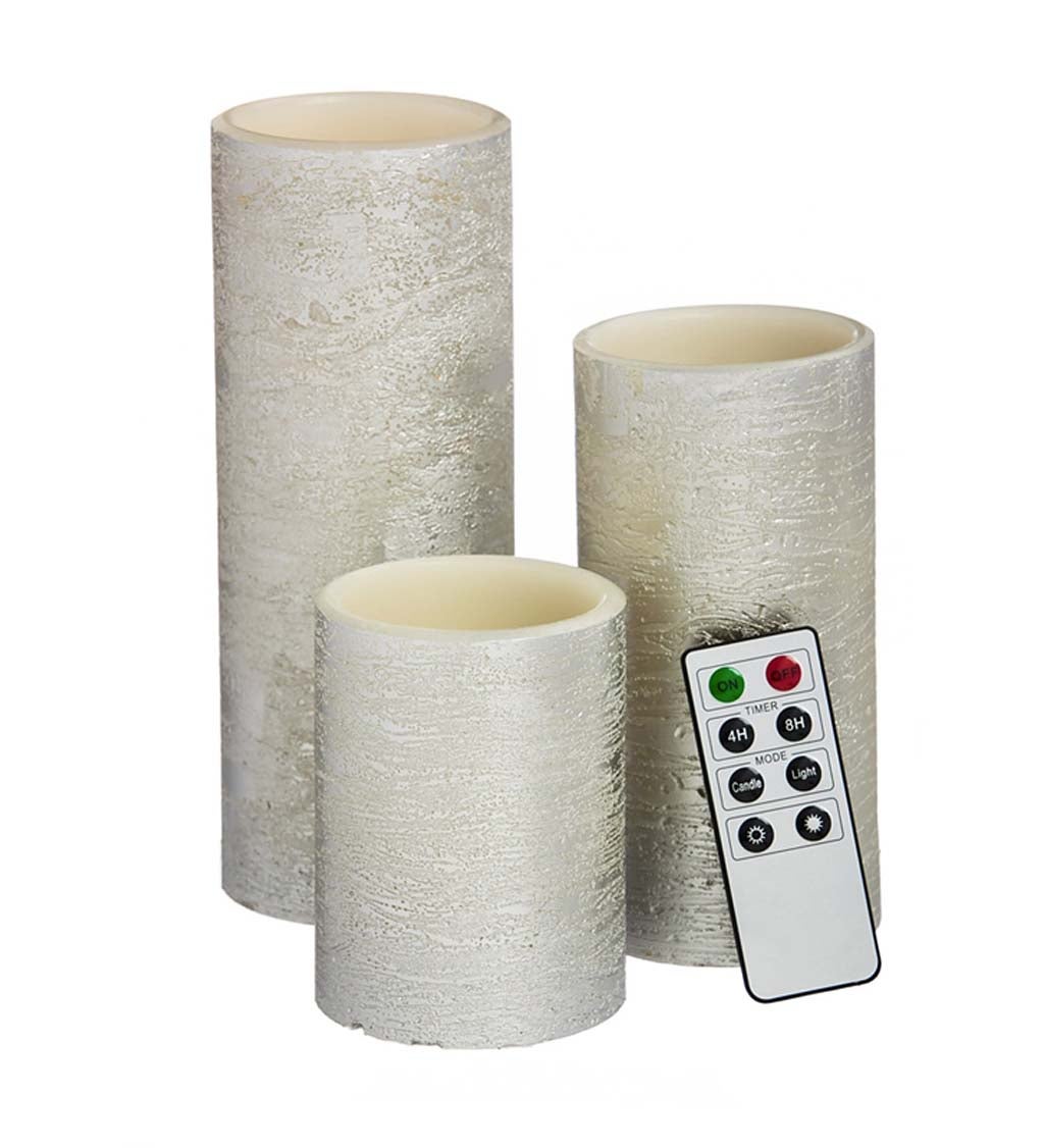 LED Silver Flameless Wax Pillar Candle With Remote, Set of 3