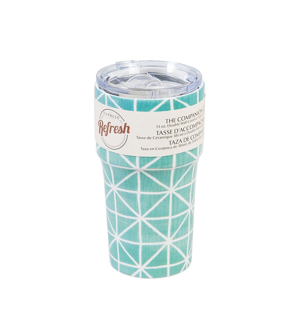 Double Wall Ceramic Companion Cup with Tritan Lid, 13 oz, Geometric Teal Pattern
