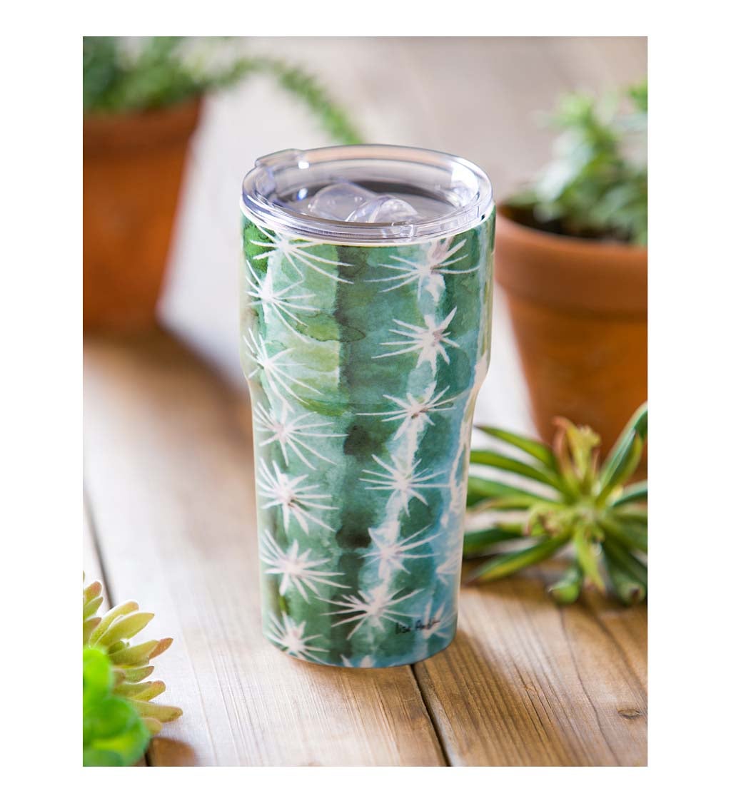 Double Wall Ceramic Companion Cup with Tritan Lid, 13 oz, Sunning Cactus