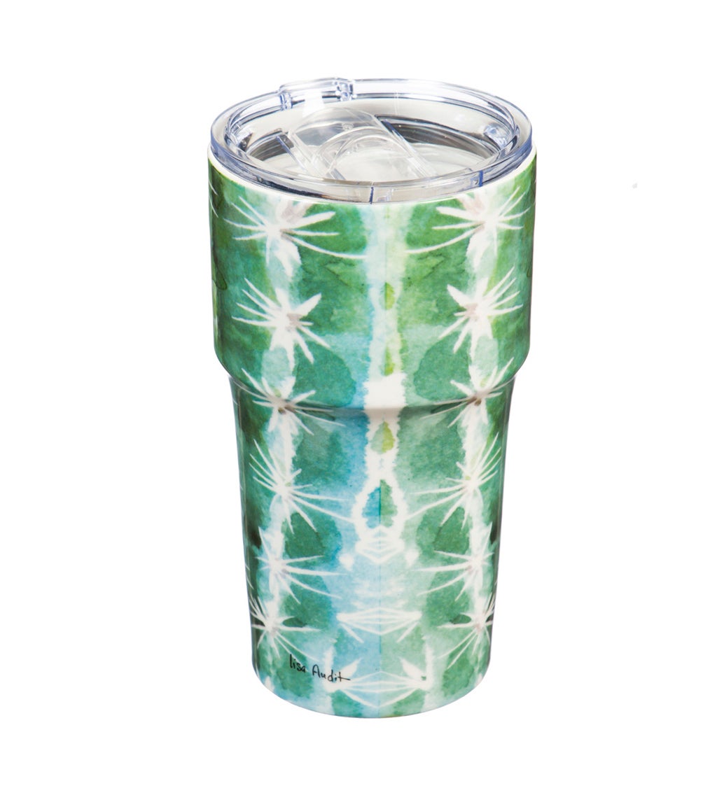 Double Wall Ceramic Companion Cup with Tritan Lid, 13 oz, Sunning Cactus