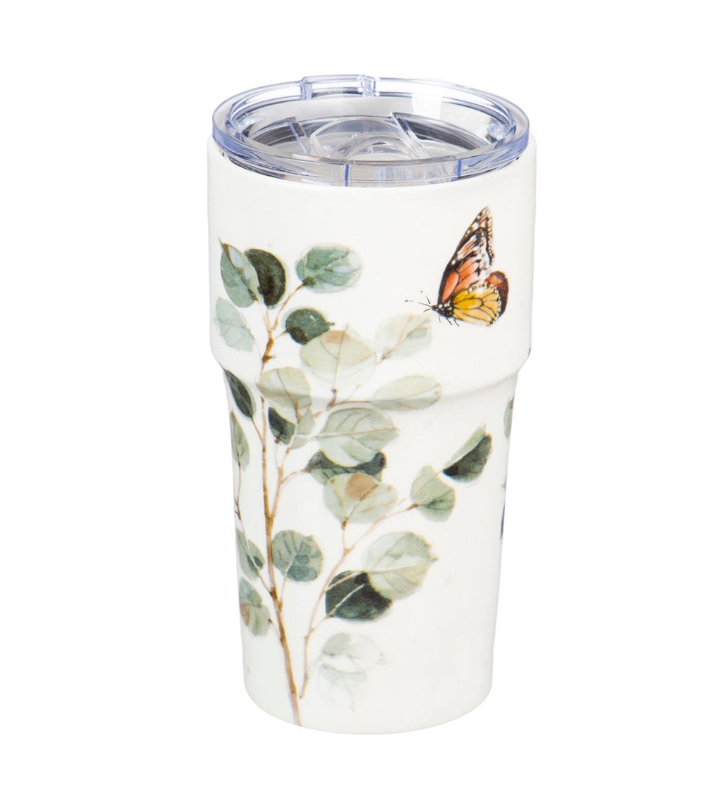 Double Wall Ceramic Companion Cup with Tritan Lid, 13 oz, Botanical Dreamer