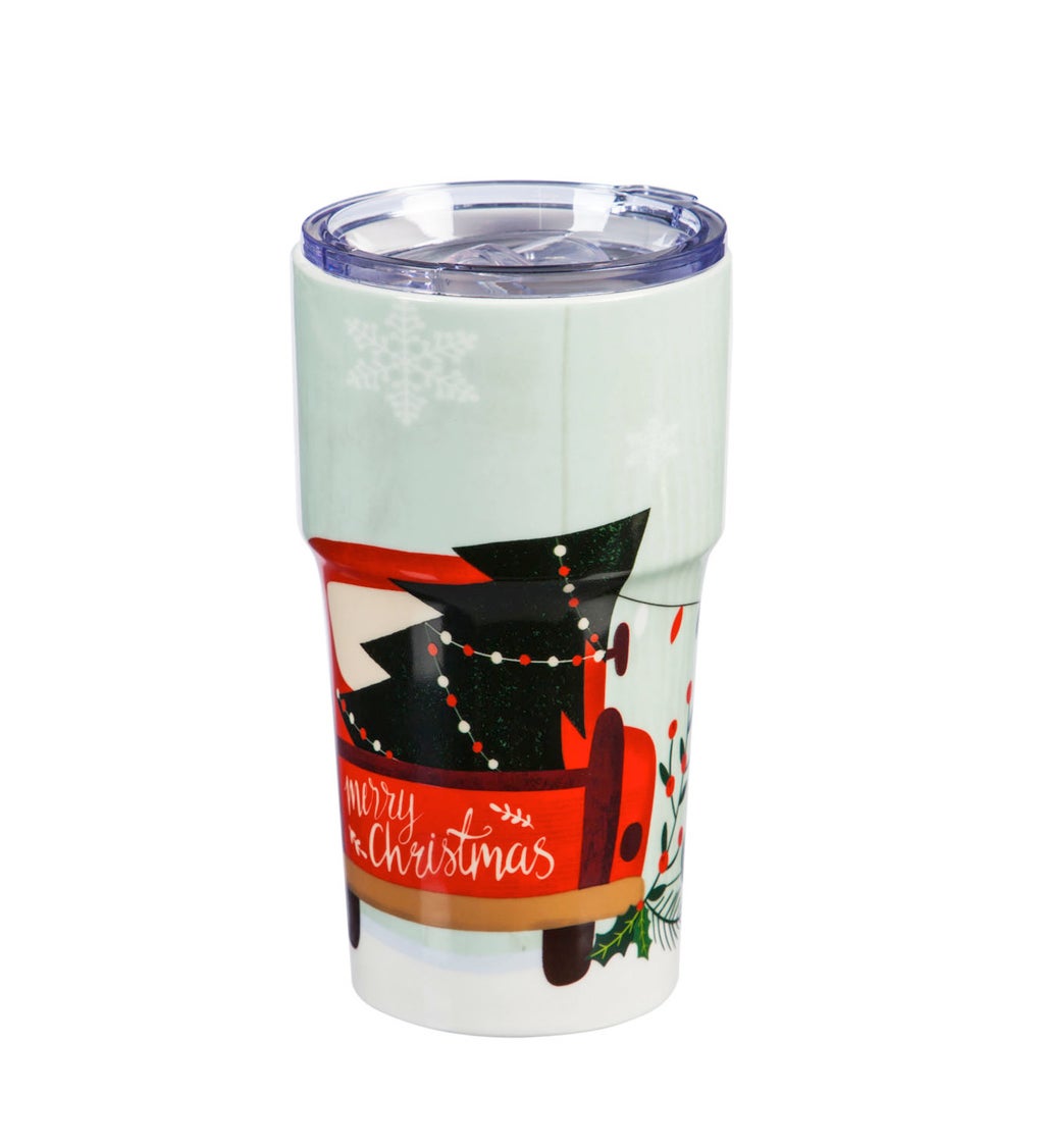 Double Wall Ceramic Companion Cup with Tritan Lid, 13 oz, Cozy Christmas Trip