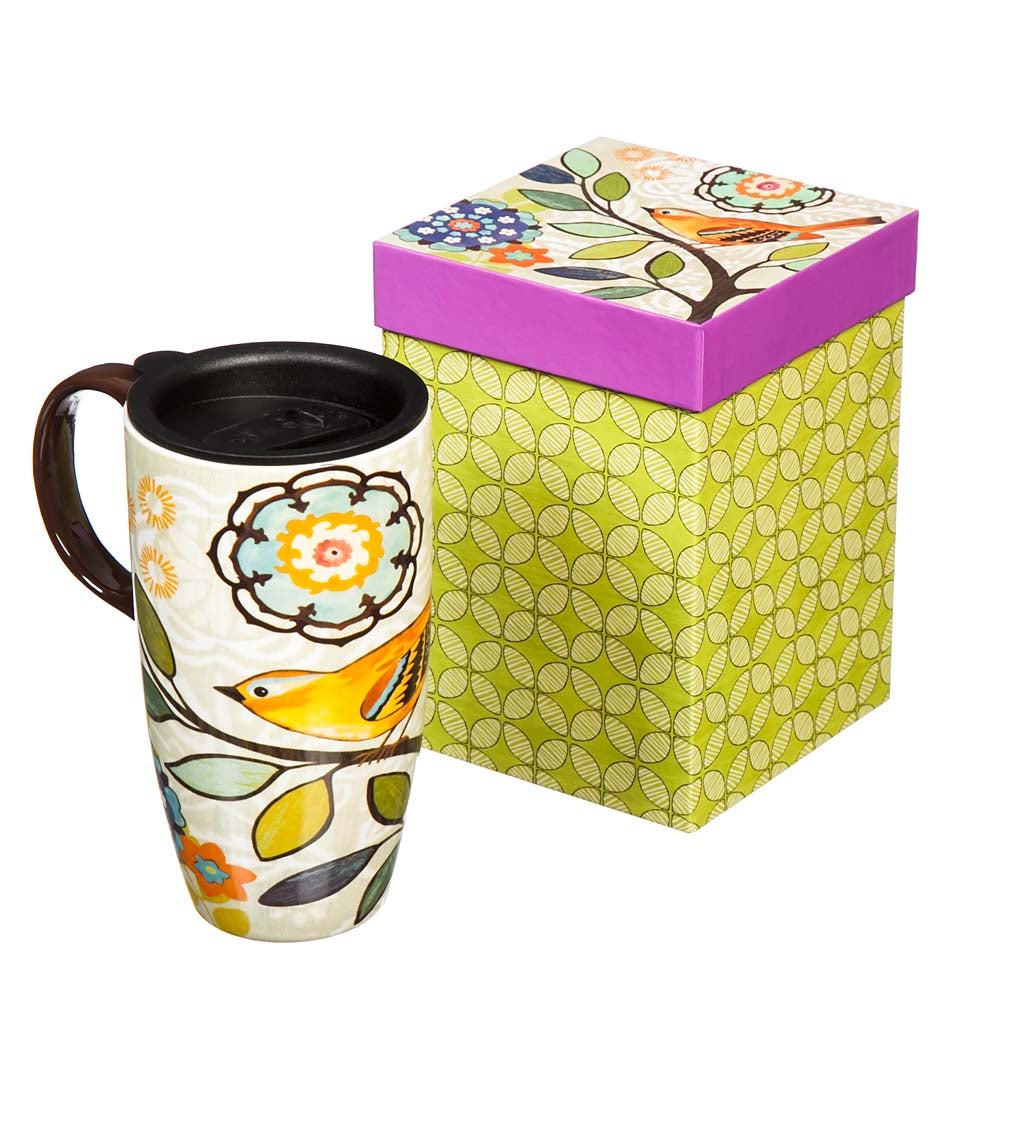 Bird and Flower Bliss Ceramic Travel Coffee Mug