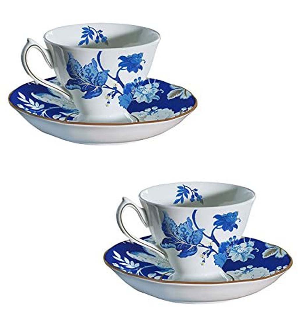 Blue Floral Toile 6 OZ Bone China Cup and Saucer Set of Two