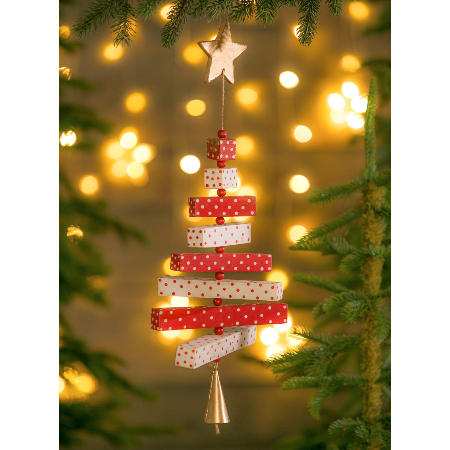 Red and White Polka Dot Stacked Wood Christmas Tree Ornament
